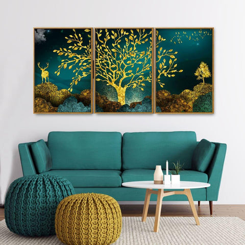 Golden Trees and Deer with Hills Premium Floating Canvas Wall Painting Set of Three - Decor Mantra 