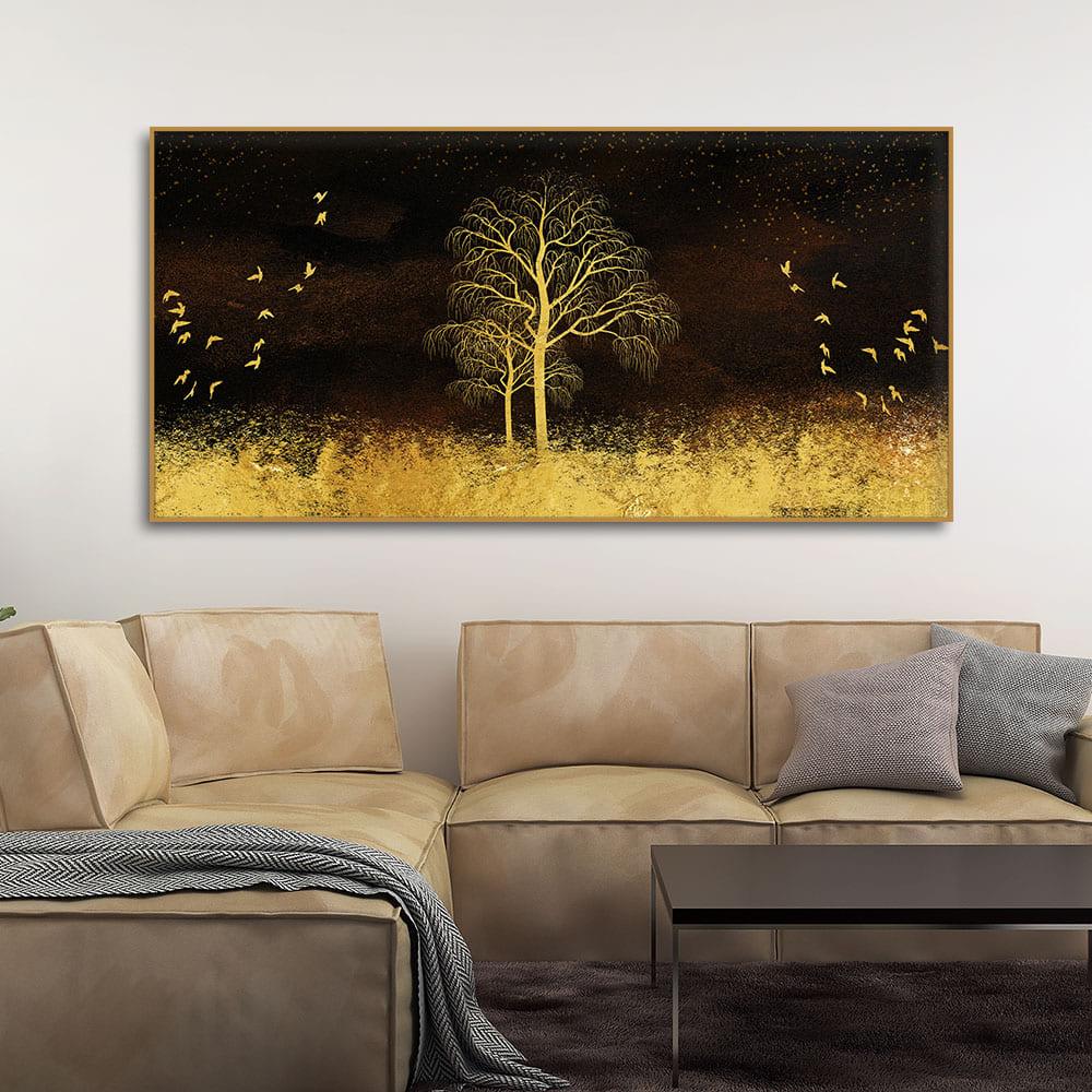 Golden Grass Trees with Birds in Dark Background Wall Painting - Decor Mantra 