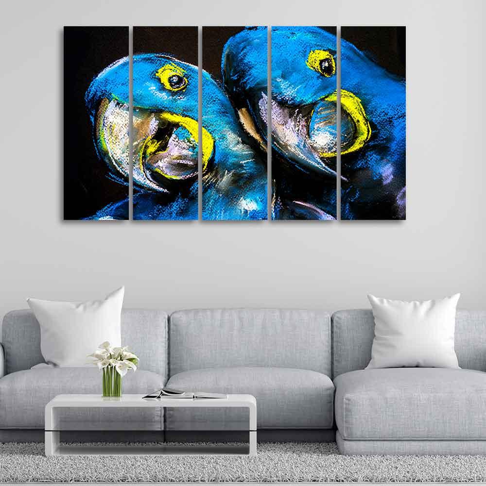 Blue Parrots Pastel Art Five Pieces Wall Painting - Decor Mantra 