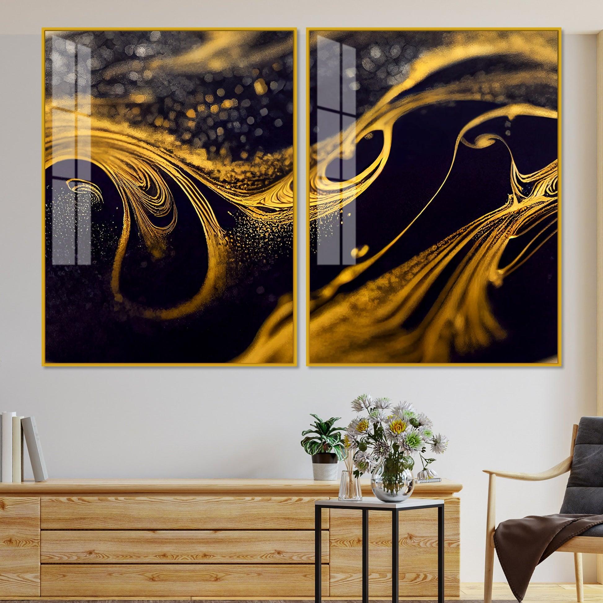 Black and Gold Swirling Acrylic Floating Wall Painting Set of 2 - Decor Mantra 