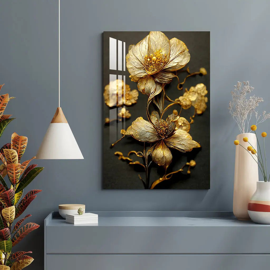 Glittering Golden Flowers Acrylic Wall Art DECORMANTRA