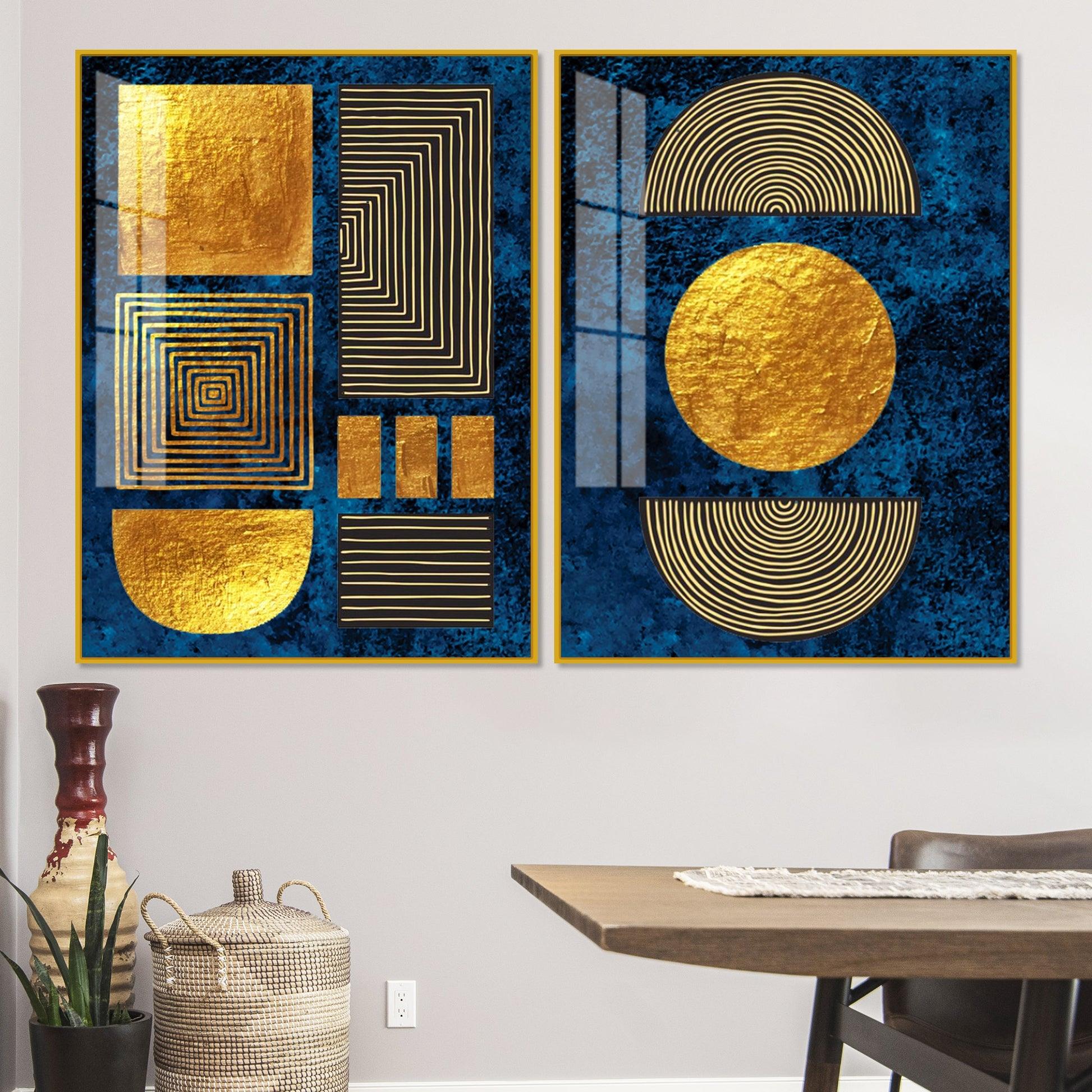 Line Art Golden Shapes Acrylic Floating Wall Painting Set Of 2 - Decor Mantra 