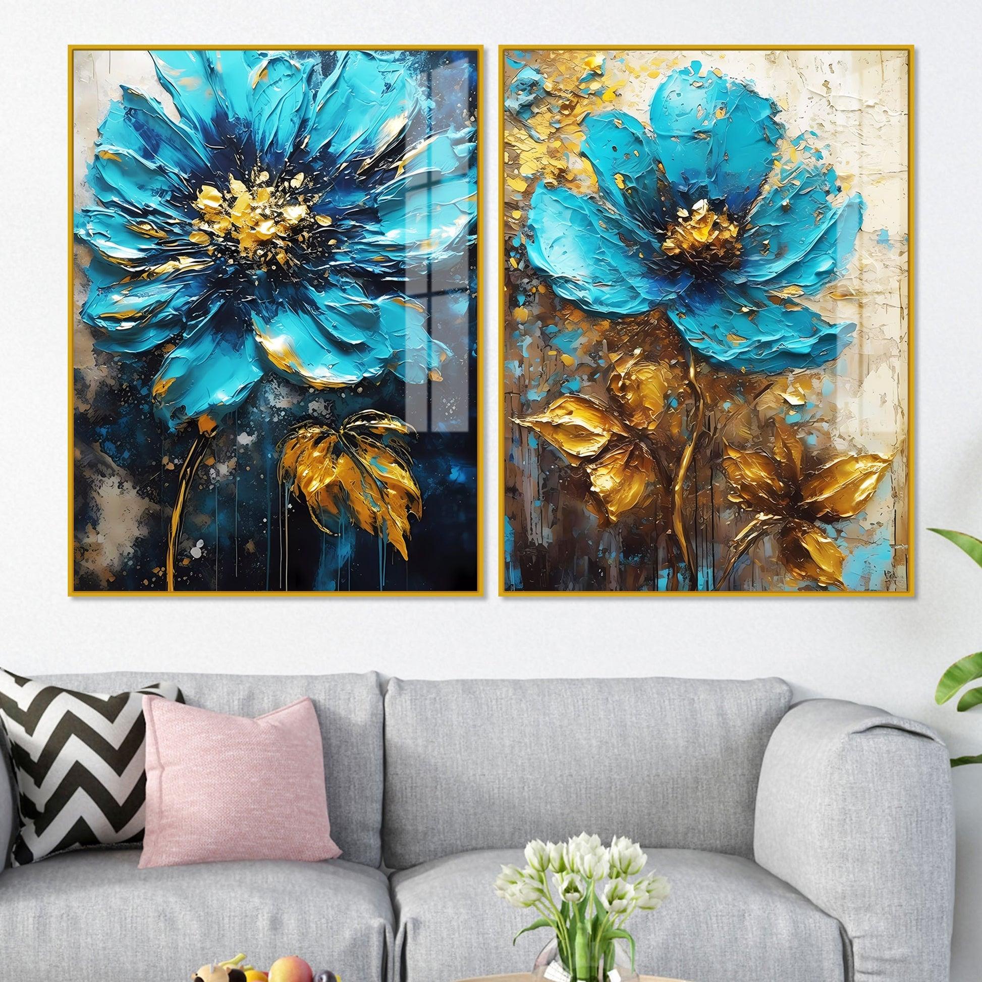 Modern Textural Blue Flower Artistic Acrylic Floating Wall Painting Set Of 2 - Decor Mantra 