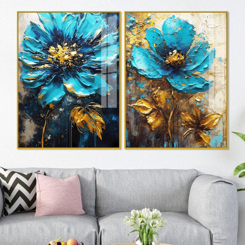 Modern Textural Blue Flower Artistic Acrylic Floating Wall Painting Set Of 2 - Decor Mantra 