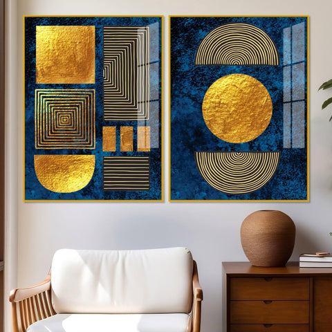 Line Art Golden Shapes Acrylic Floating Wall Painting Set Of 2 - Decor Mantra 