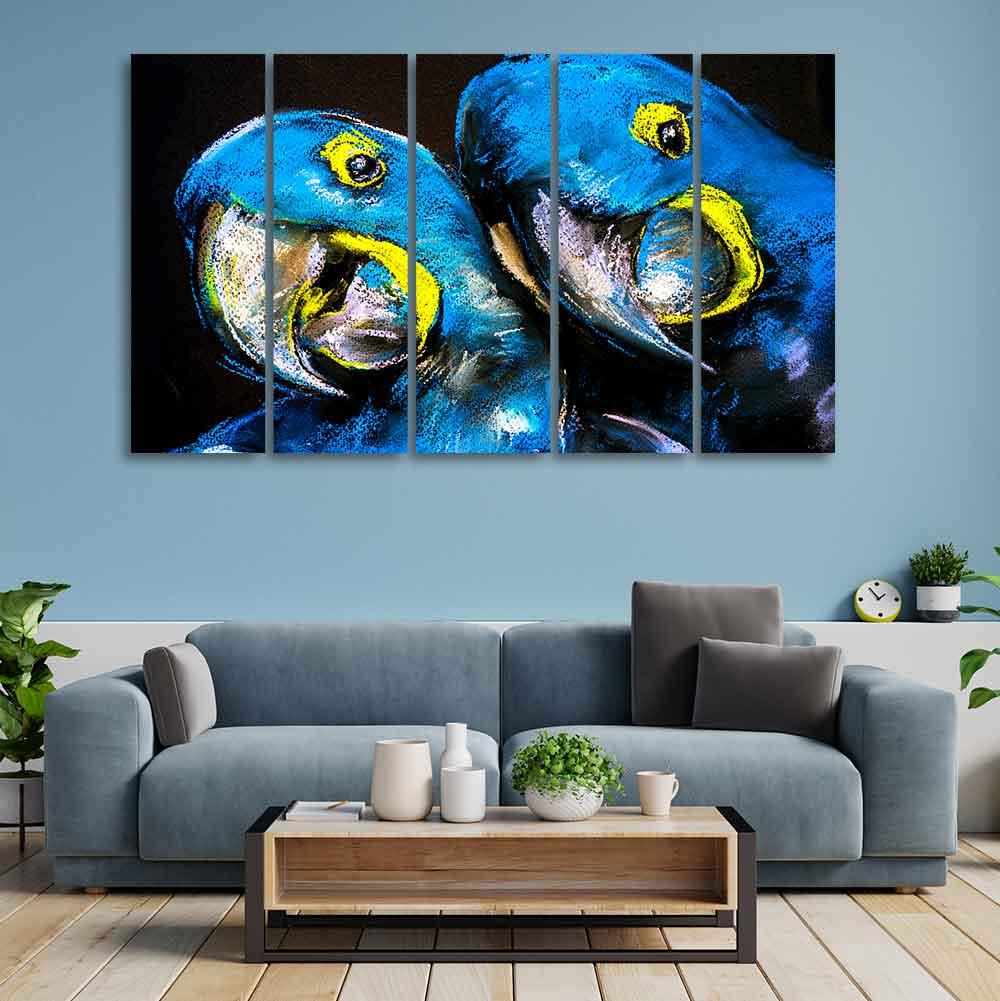 Blue Parrots Pastel Art Five Pieces Wall Painting - Decor Mantra 