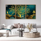 Golden Trees and Deer with Hills Premium Floating Canvas Wall Painting Set of Three - Decor Mantra 