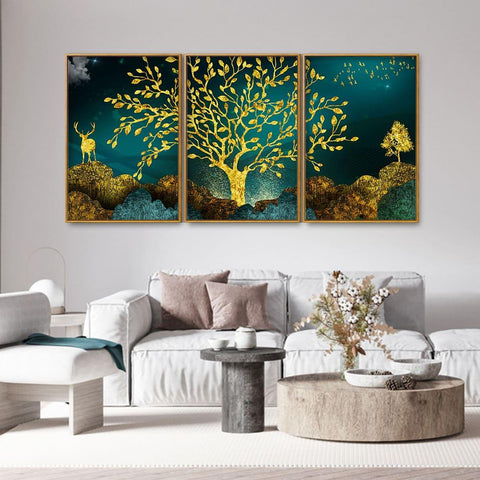 Golden Trees and Deer with Hills Premium Floating Canvas Wall Painting Set of Three - Decor Mantra 