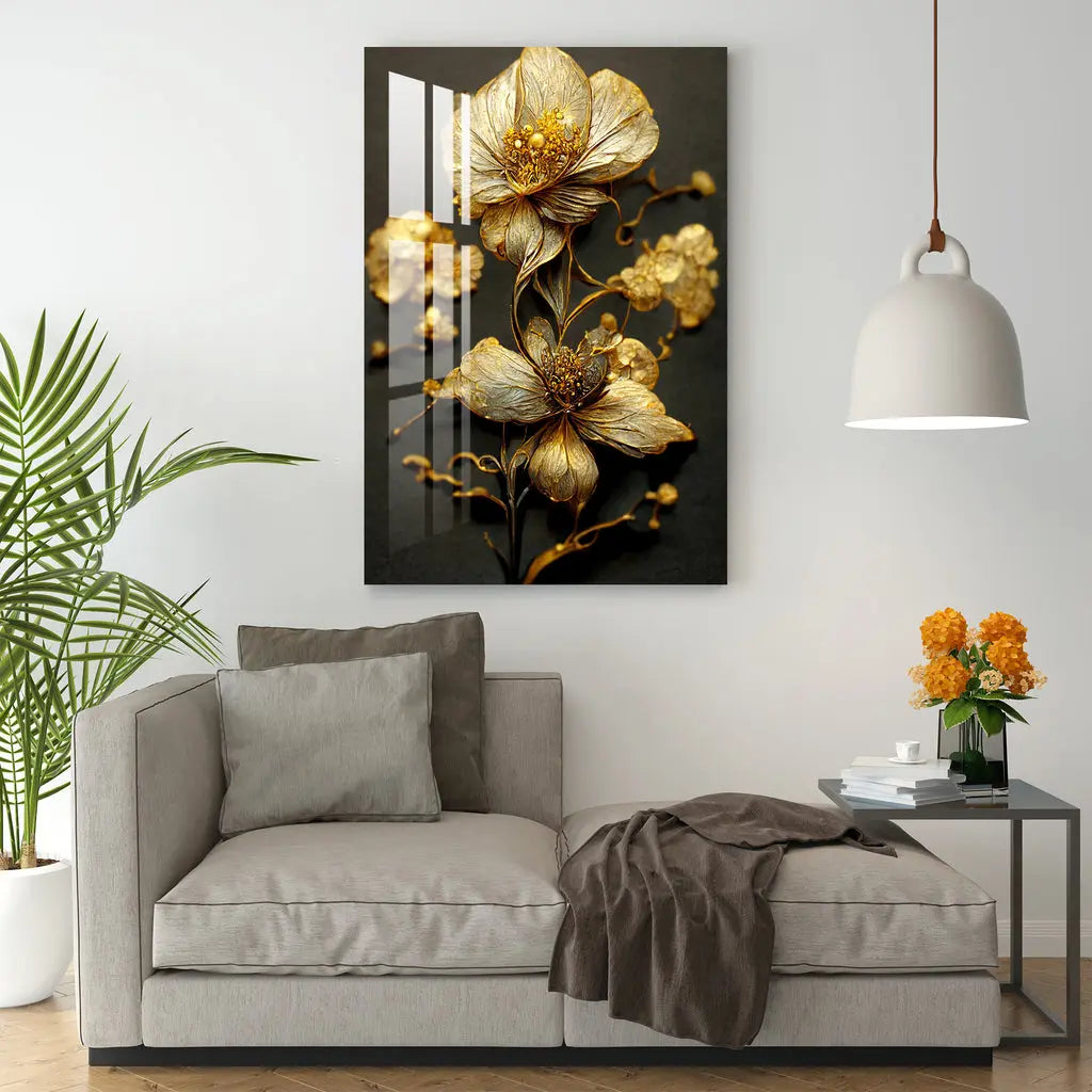Glittering Golden Flowers Acrylic Wall Art DECORMANTRA