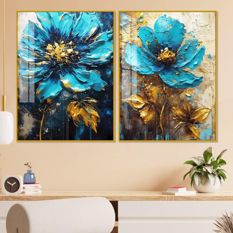 Modern Textural Blue Flower Artistic Acrylic Floating Wall Painting Set Of 2 - Decor Mantra 