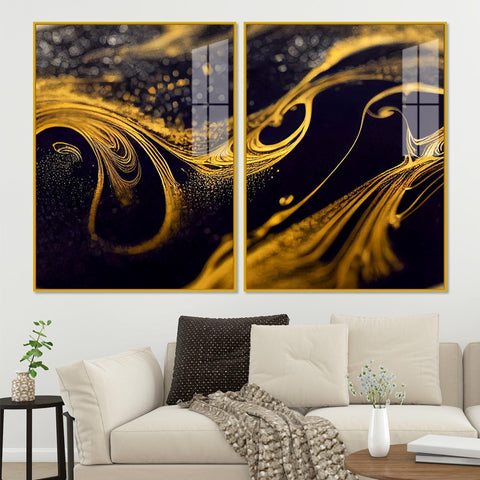 Black and Gold Swirling Acrylic Floating Wall Painting Set of 2 - Decor Mantra 