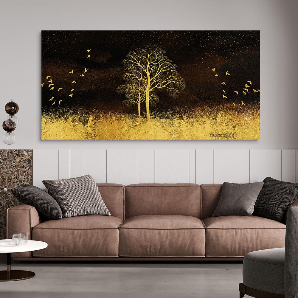 Golden Grass Trees with Birds in Dark Background Wall Painting - Decor Mantra 