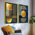 Line Art Golden Shapes Acrylic Floating Wall Painting Set Of 2 - Decor Mantra 