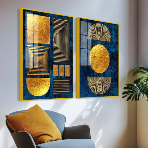 Line Art Golden Shapes Acrylic Floating Wall Painting Set Of 2 - Decor Mantra 