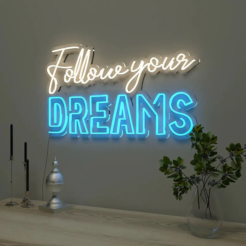 Follow Your Dreams Text Warm & Blue Neon LED Light DECORMANTRA