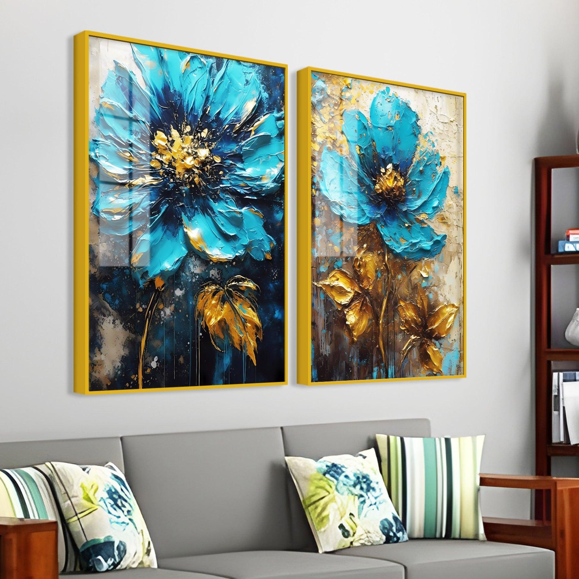 Modern Textural Blue Flower Artistic Acrylic Floating Wall Painting Set Of 2 - Decor Mantra 