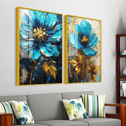 Modern Textural Blue Flower Artistic Acrylic Floating Wall Painting Set Of 2 - Decor Mantra 