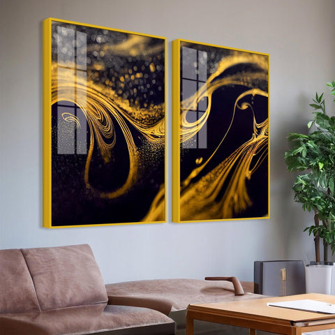 Black and Gold Swirling Acrylic Floating Wall Painting Set of 2 - Decor Mantra 