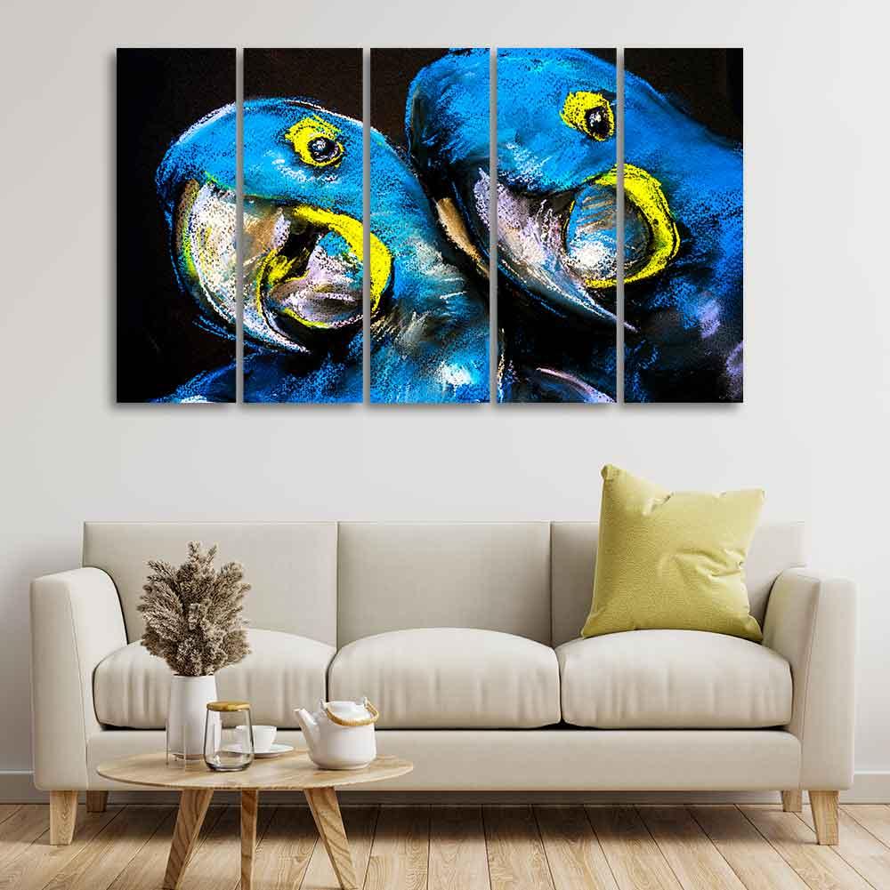 Blue Parrots Pastel Art Five Pieces Wall Painting - Decor Mantra 