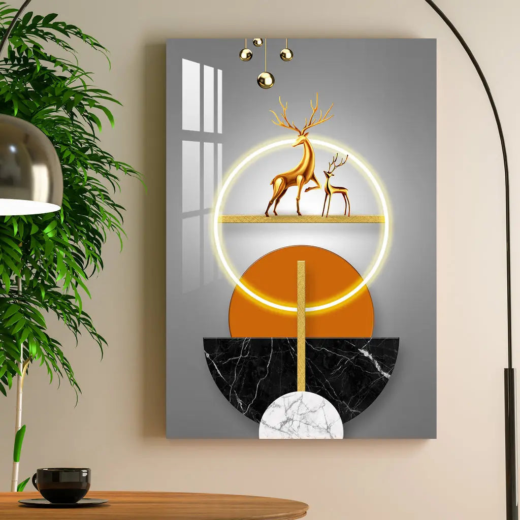 Golden Deer Illuminated Ring Acrylic Wall Art DECORMANTRA