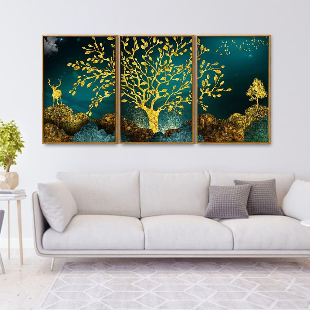 Golden Trees and Deer with Hills Premium Floating Canvas Wall Painting Set of Three - Decor Mantra 