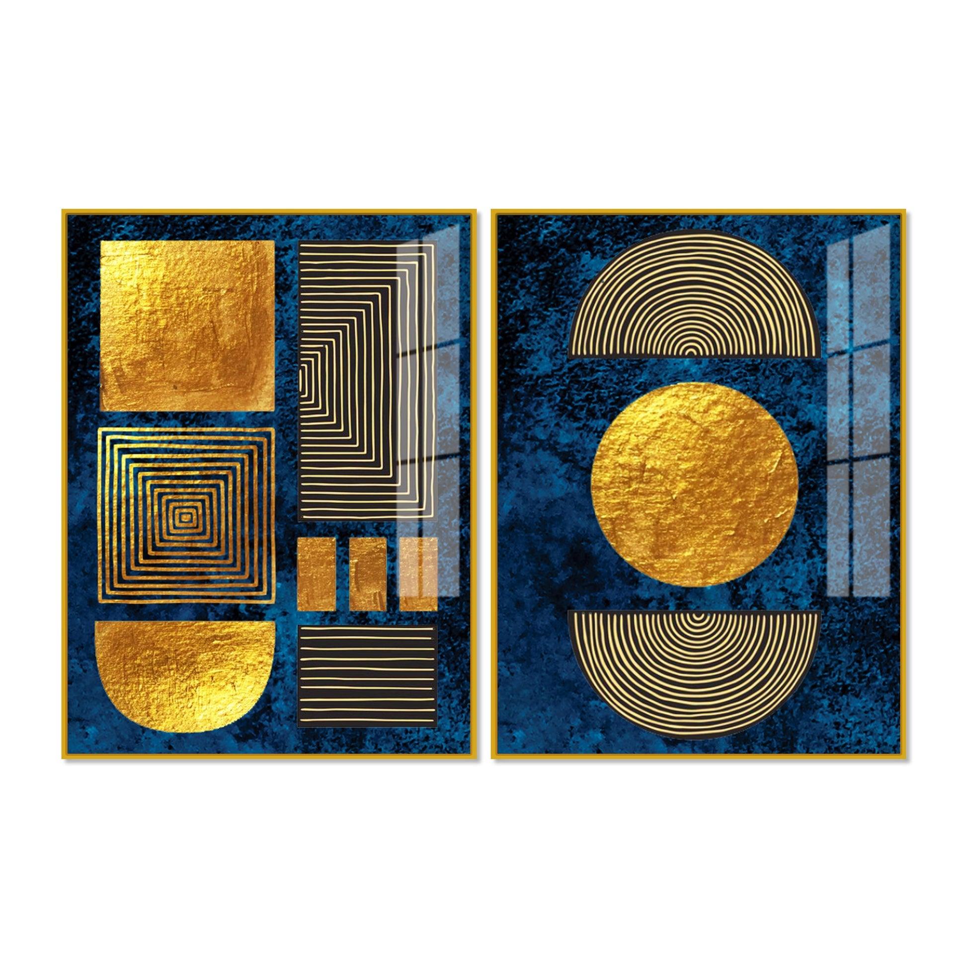 Line Art Golden Shapes Acrylic Floating Wall Painting Set Of 2 - Decor Mantra 