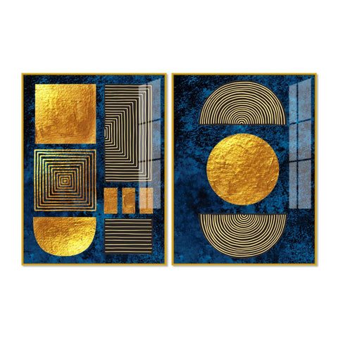 Line Art Golden Shapes Acrylic Floating Wall Painting Set Of 2 - Decor Mantra 