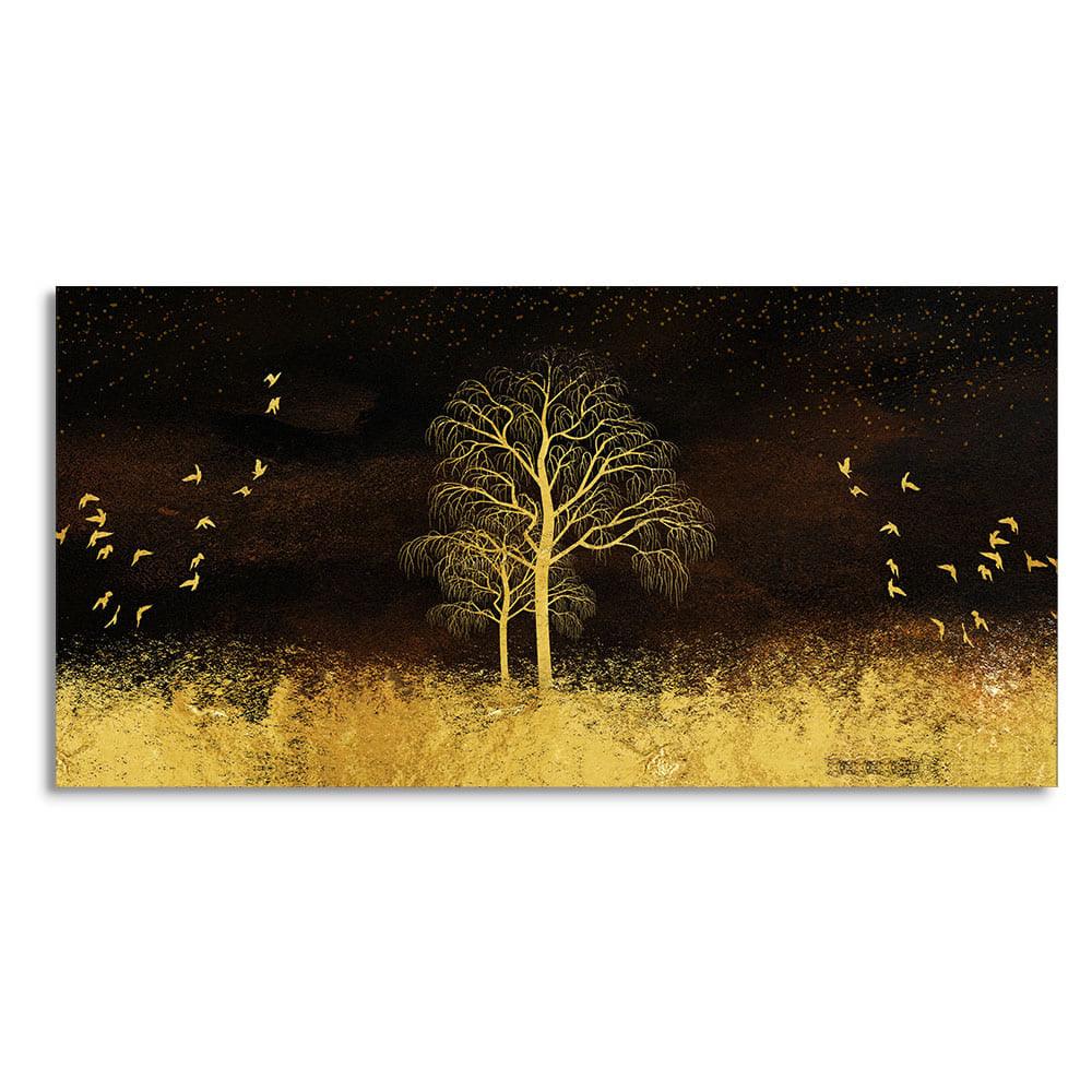 Golden Grass Trees with Birds in Dark Background Wall Painting - Decor Mantra 