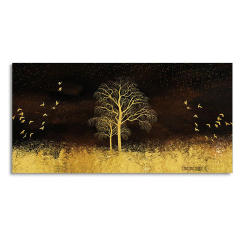 Golden Grass Trees with Birds in Dark Background Wall Painting - Decor Mantra 