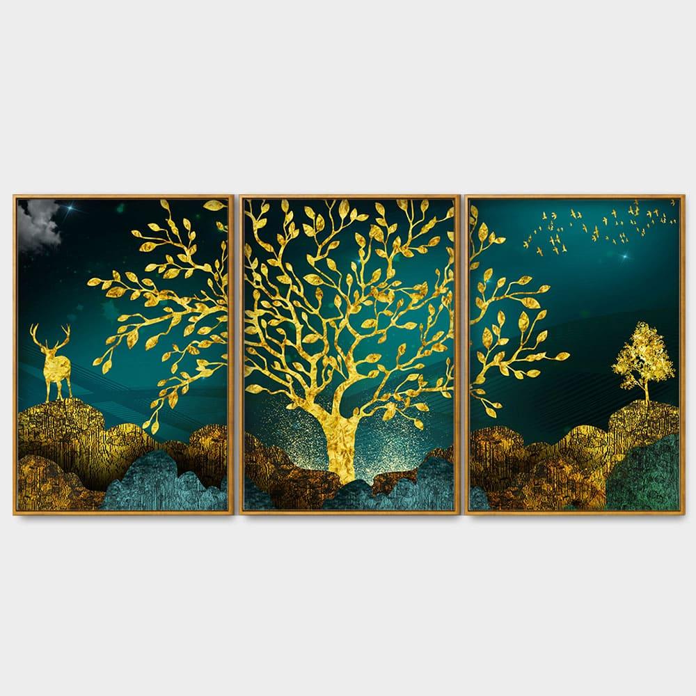 Golden Trees and Deer with Hills Premium Floating Canvas Wall Painting Set of Three - Decor Mantra 