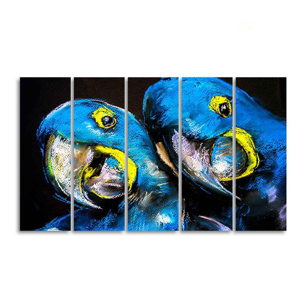 Blue Parrots Pastel Art Five Pieces Wall Painting - Decor Mantra 