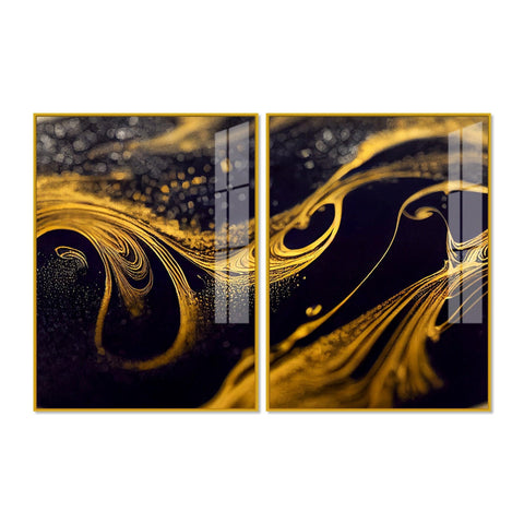 Black and Gold Swirling Acrylic Floating Wall Painting Set of 2 - Decor Mantra 