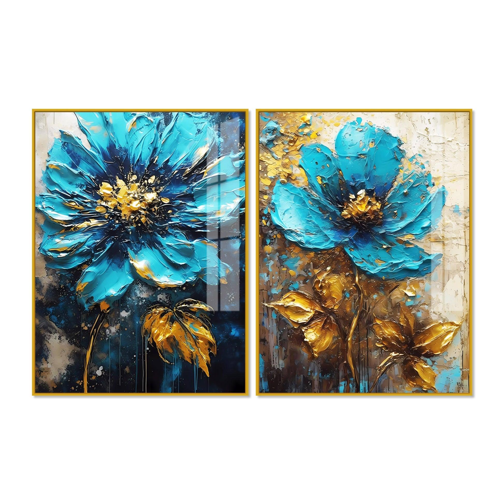 Modern Textural Blue Flower Artistic Acrylic Floating Wall Painting Set Of 2 - Decor Mantra 