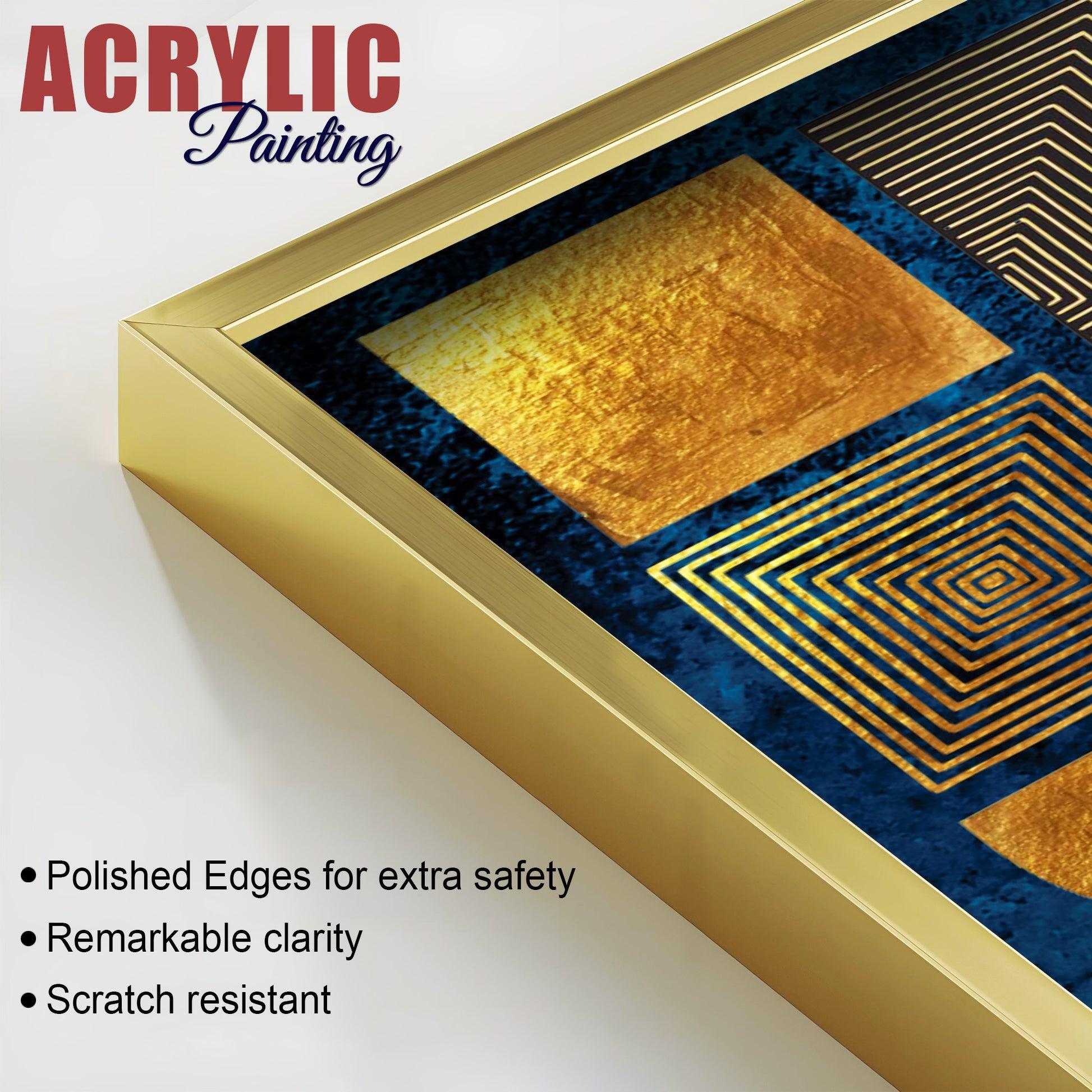 Line Art Golden Shapes Acrylic Floating Wall Painting Set Of 2 - Decor Mantra 