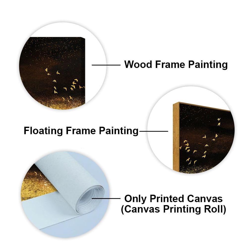 Golden Grass Trees with Birds in Dark Background Wall Painting - Decor Mantra 