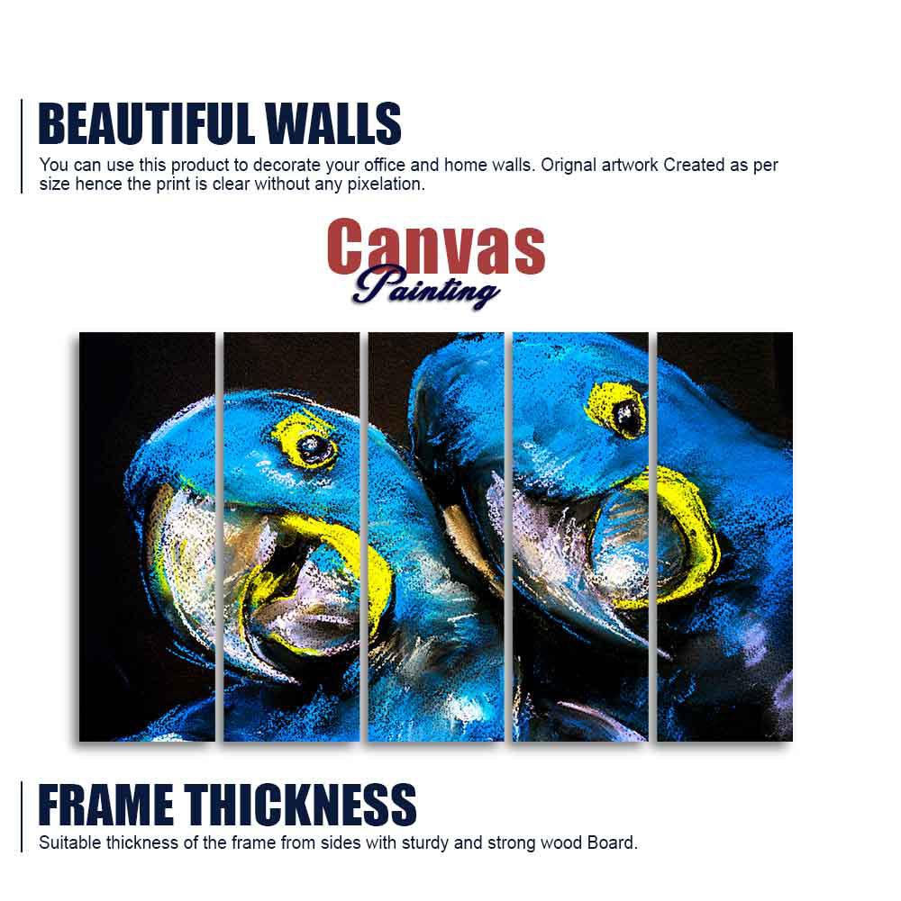 Blue Parrots Pastel Art Five Pieces Wall Painting - Decor Mantra 