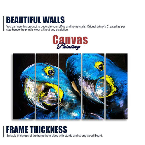 Blue Parrots Pastel Art Five Pieces Wall Painting - Decor Mantra 