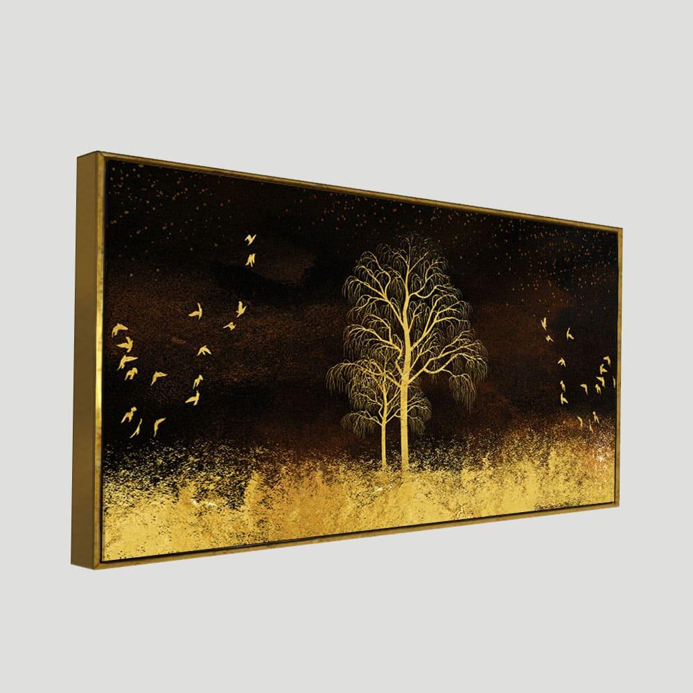 Golden Grass Trees with Birds in Dark Background Wall Painting - Decor Mantra 