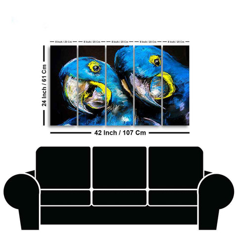 Blue Parrots Pastel Art Five Pieces Wall Painting - Decor Mantra 