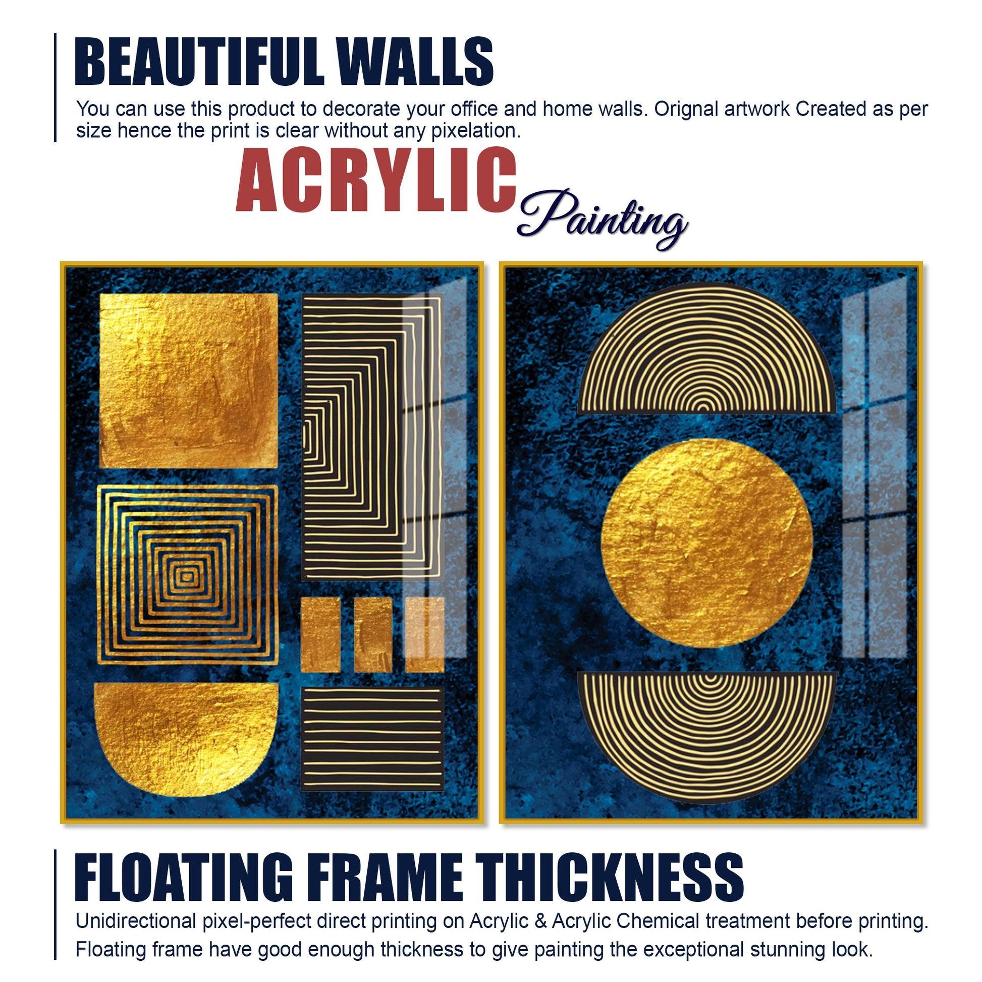 Line Art Golden Shapes Acrylic Floating Wall Painting Set Of 2 - Decor Mantra 