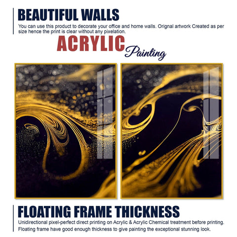 Black and Gold Swirling Acrylic Floating Wall Painting Set of 2 - Decor Mantra 