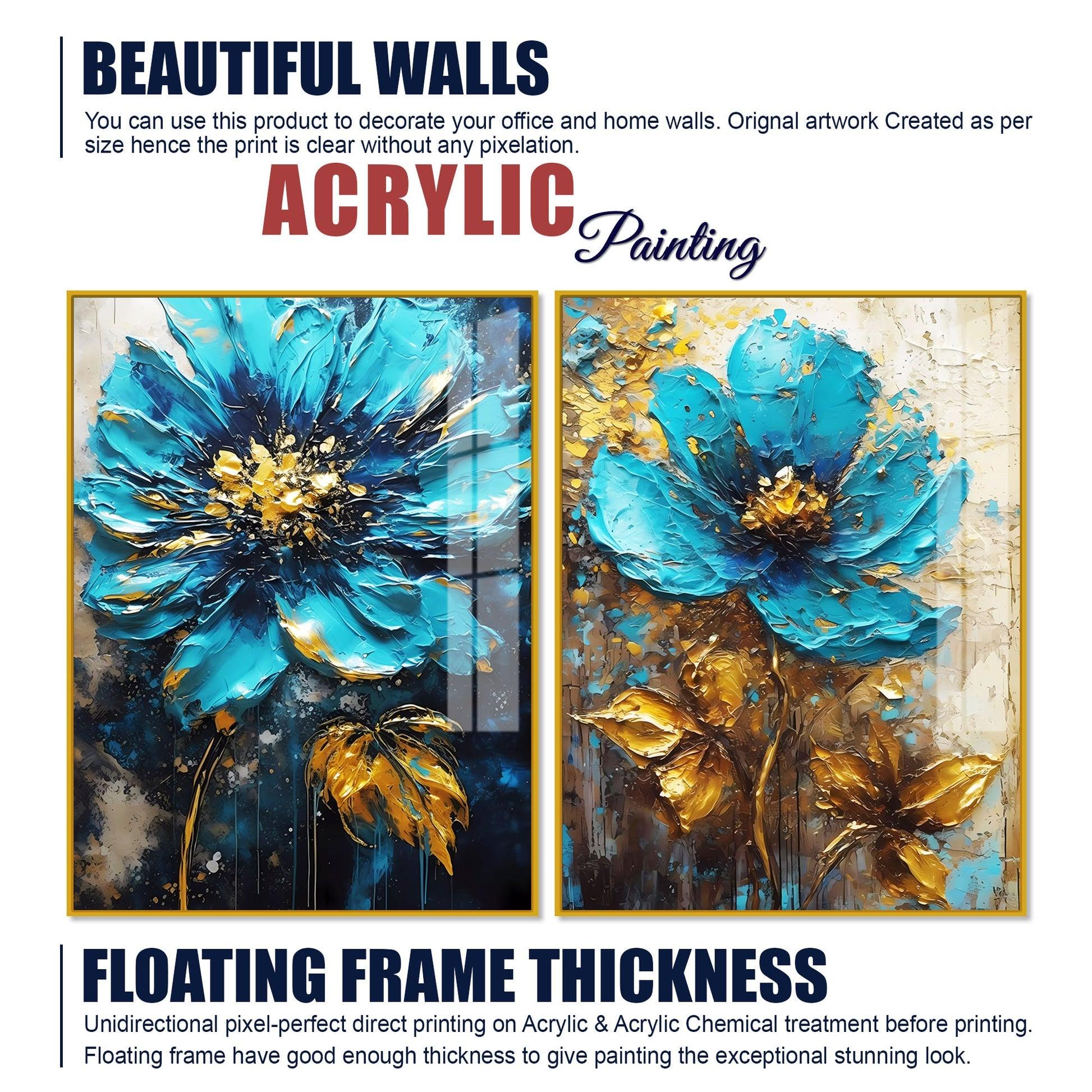 Modern Textural Blue Flower Artistic Acrylic Floating Wall Painting Set Of 2 - Decor Mantra 