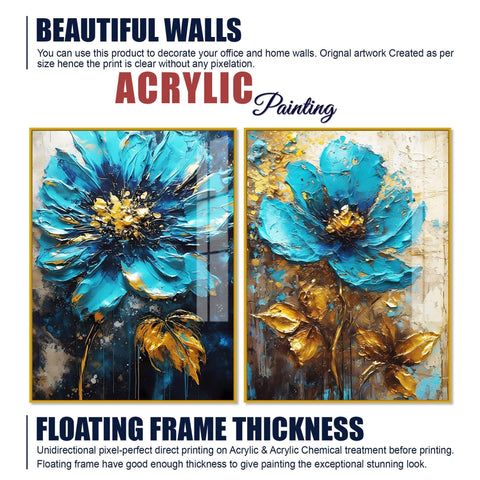 Modern Textural Blue Flower Artistic Acrylic Floating Wall Painting Set Of 2 - Decor Mantra 