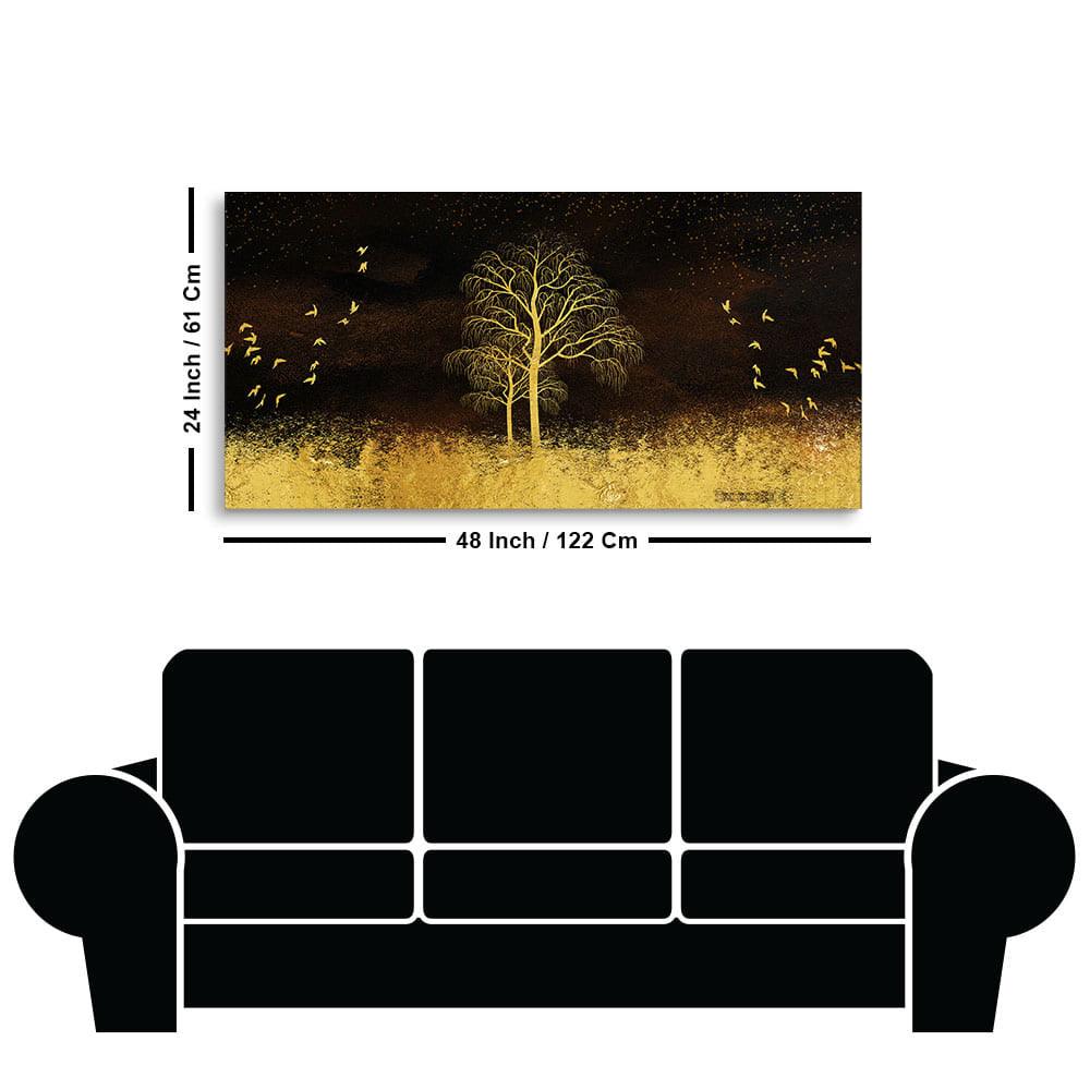 Golden Grass Trees with Birds in Dark Background Wall Painting - Decor Mantra 