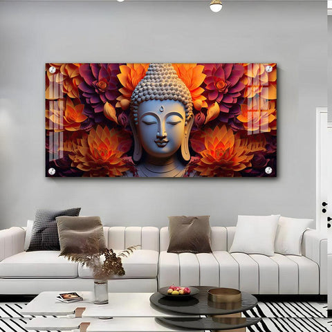 Buddha with Blooming Flower in Premium Acrylic Horizontal Wall Art - Decor Mantra 