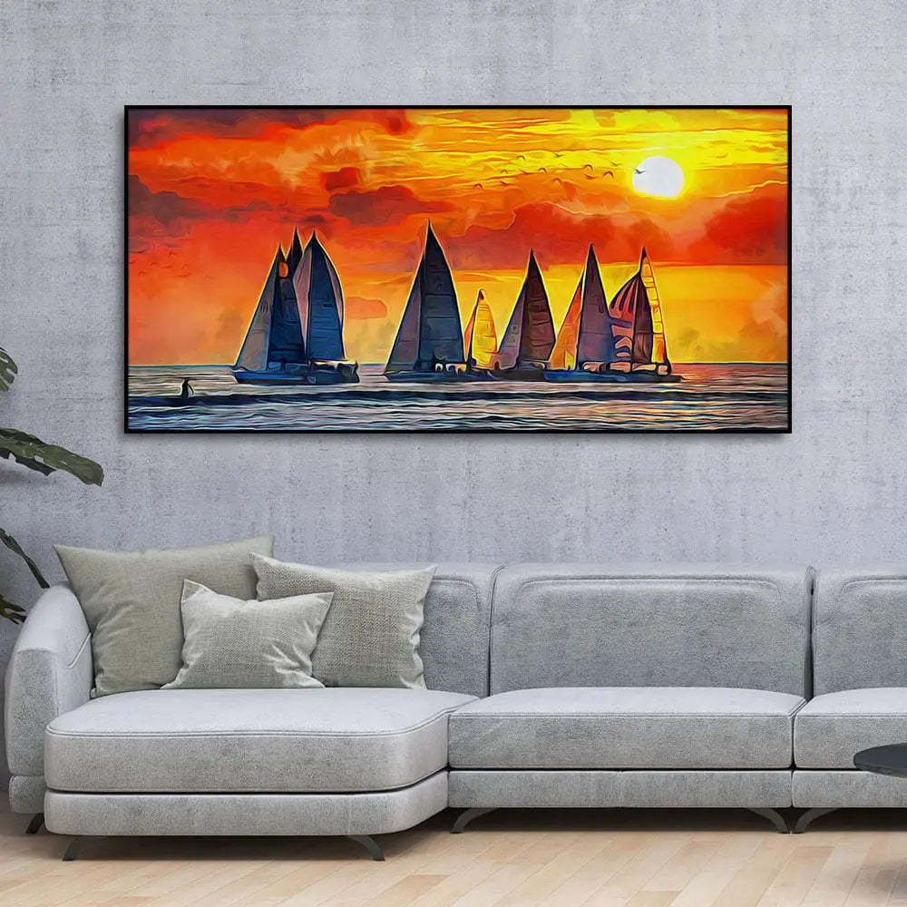 Beautiful Seascape with Sunset Canvas Wall Painting Decor Mantra