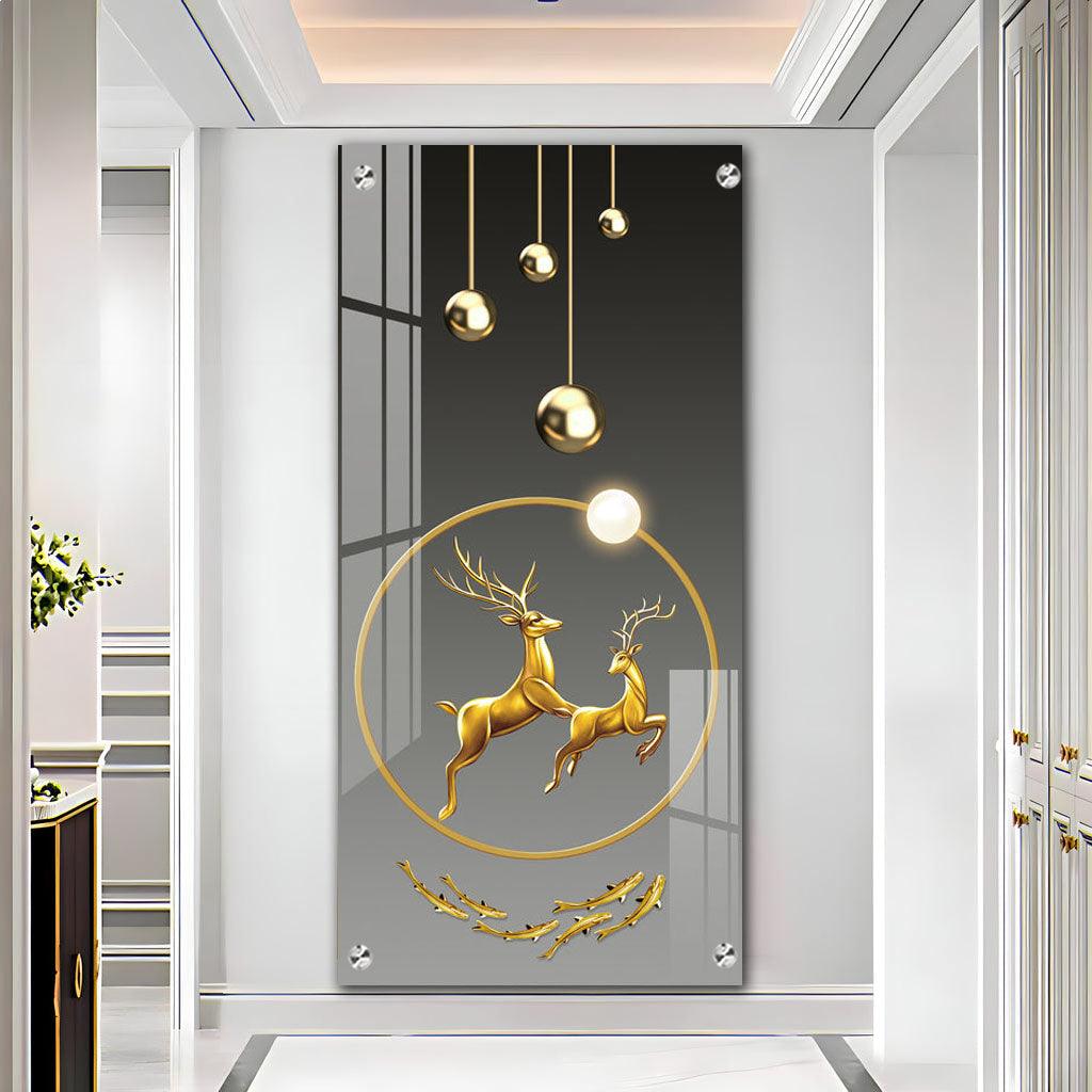 Contemporary Acrylic Wall Art Featuring Dancing Golden Reindeer Design - Decor Mantra 