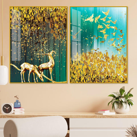 Beautiful Golden Birds and Deer Acrylic Floating Wall Painting Set Of 2 - Decor Mantra 