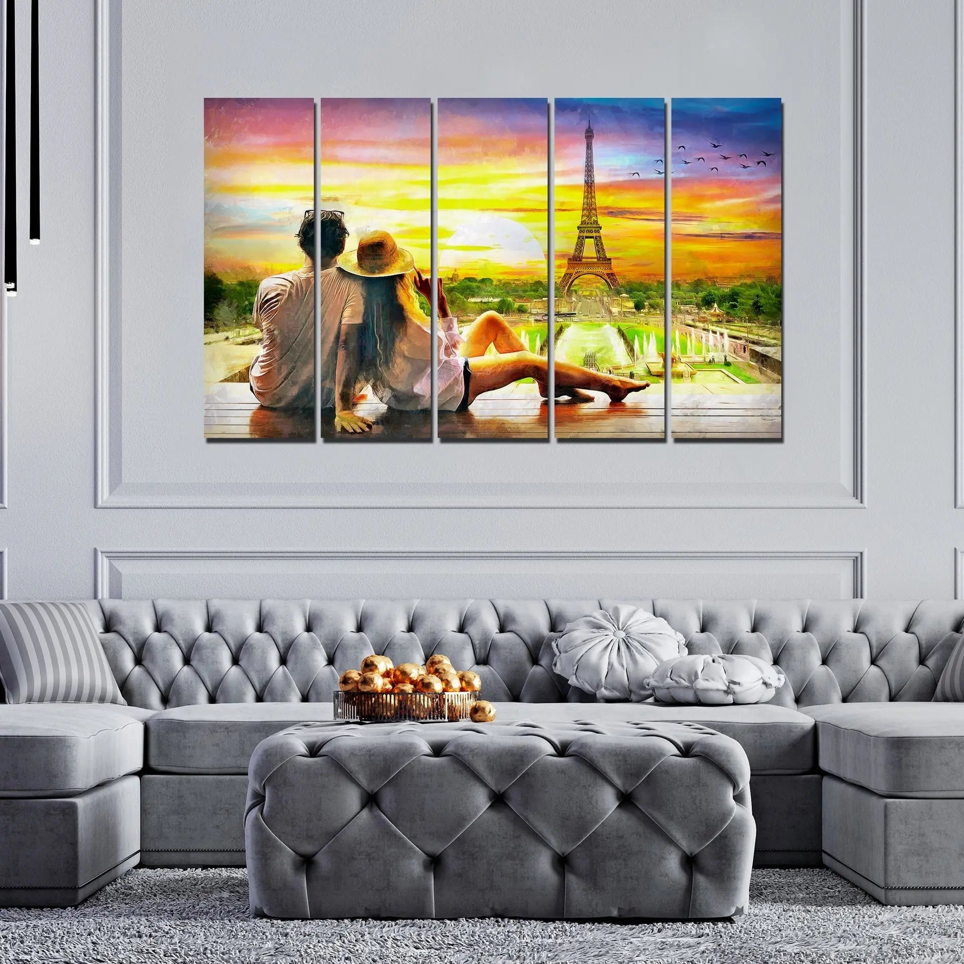 Couple Watching Sunset Paris Canvas Wall Painting 5 Pieces Decor Mantra