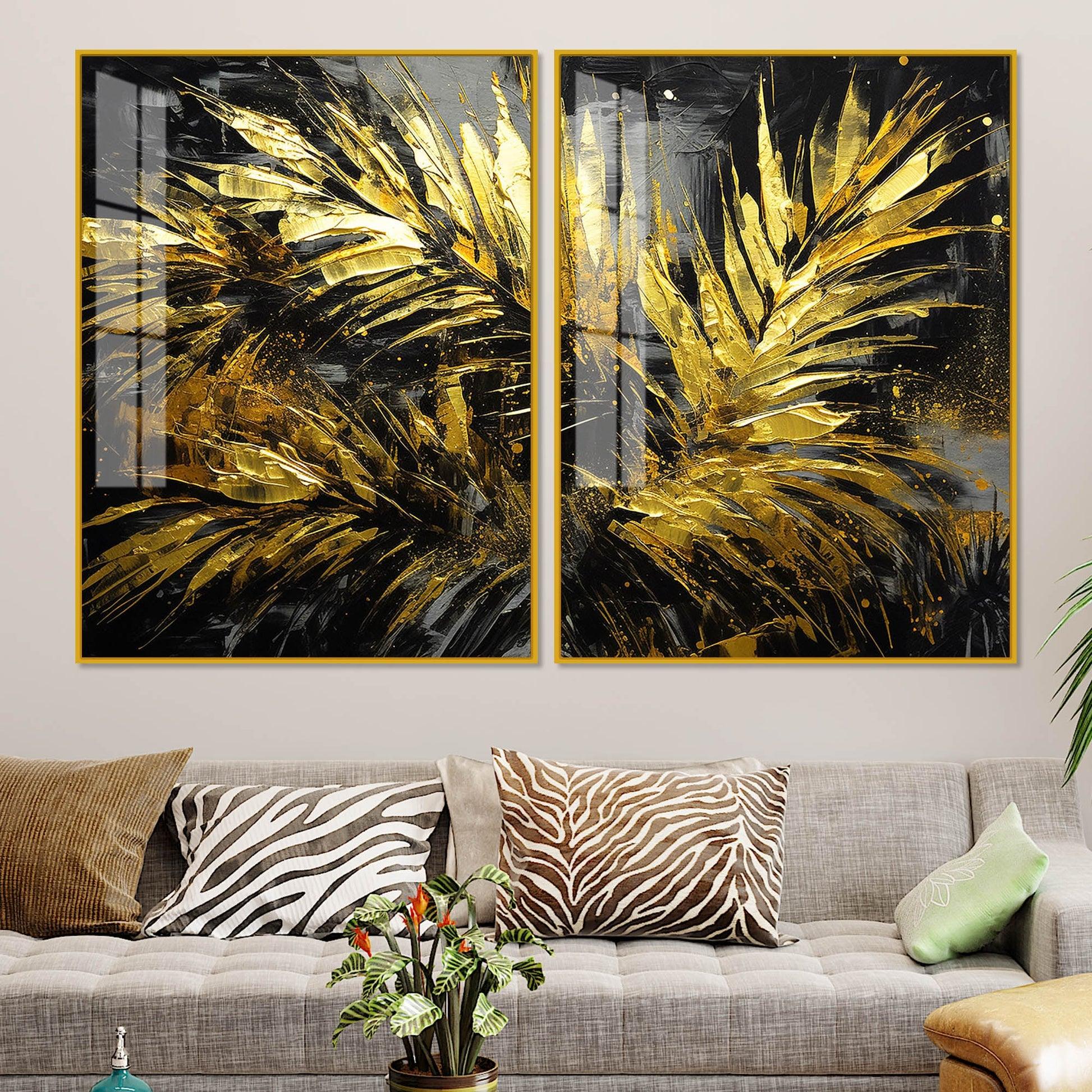 Premium Black and Shiny Gold Palm Leaves Acrylic Floating Wall Painting Set Of 2 - Decor Mantra 